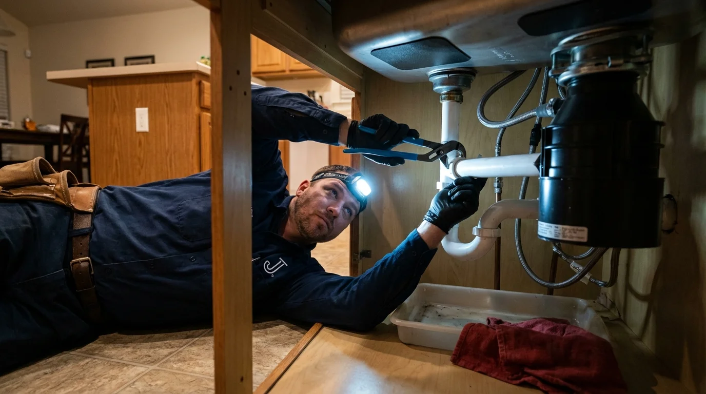 P-trap and supply line connections under a kitchen sink showing a common leak point in Grafton, NH